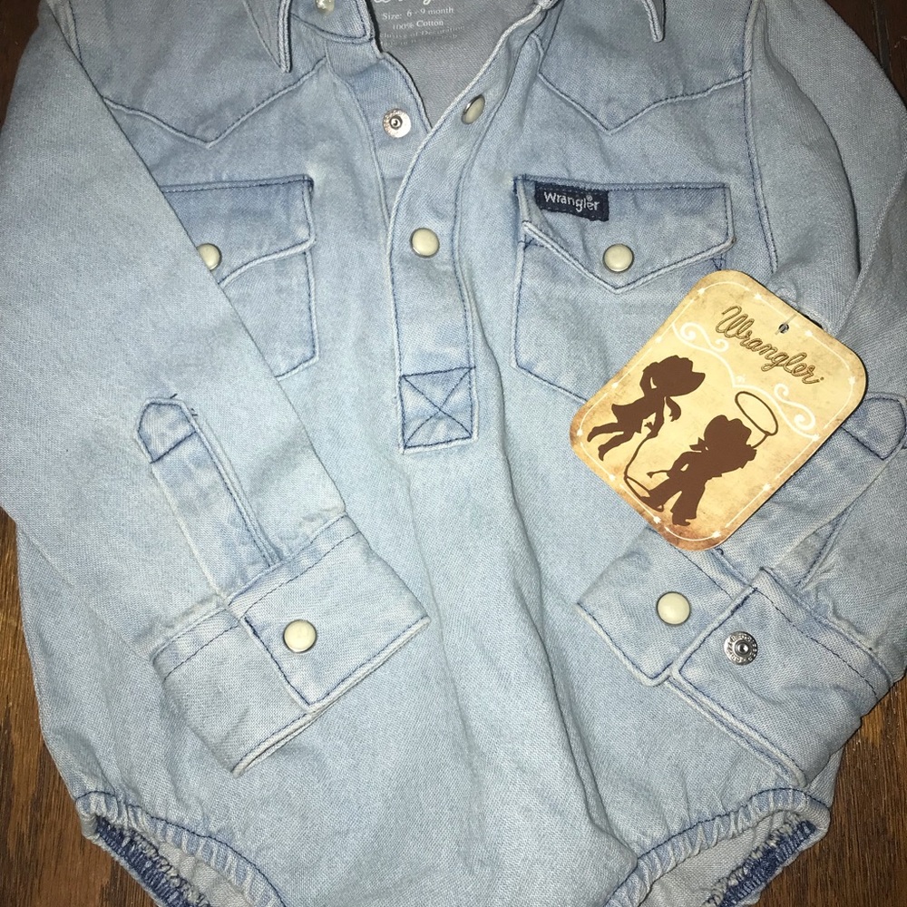 Wrangler boys 6-9 months pearl snap denim onesie.
